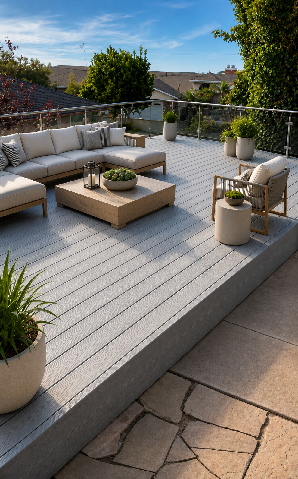 Completed Trex deck with glass railing over a sloped San Clemente backyard — Tuscany Builders outdoor living