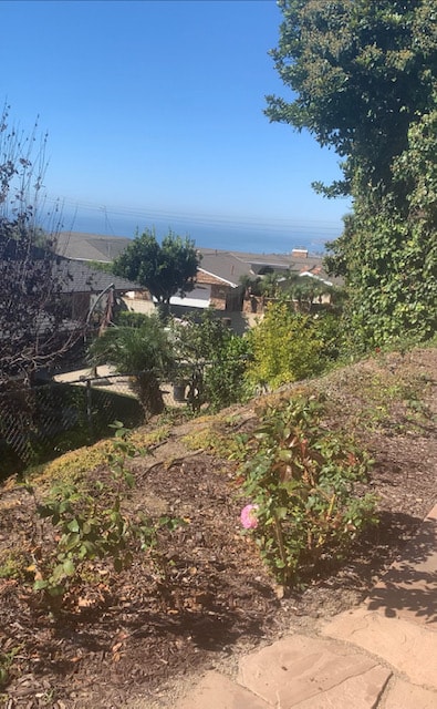 Sloped San Clemente backyard before deck construction — unusable terrain with ocean view in background