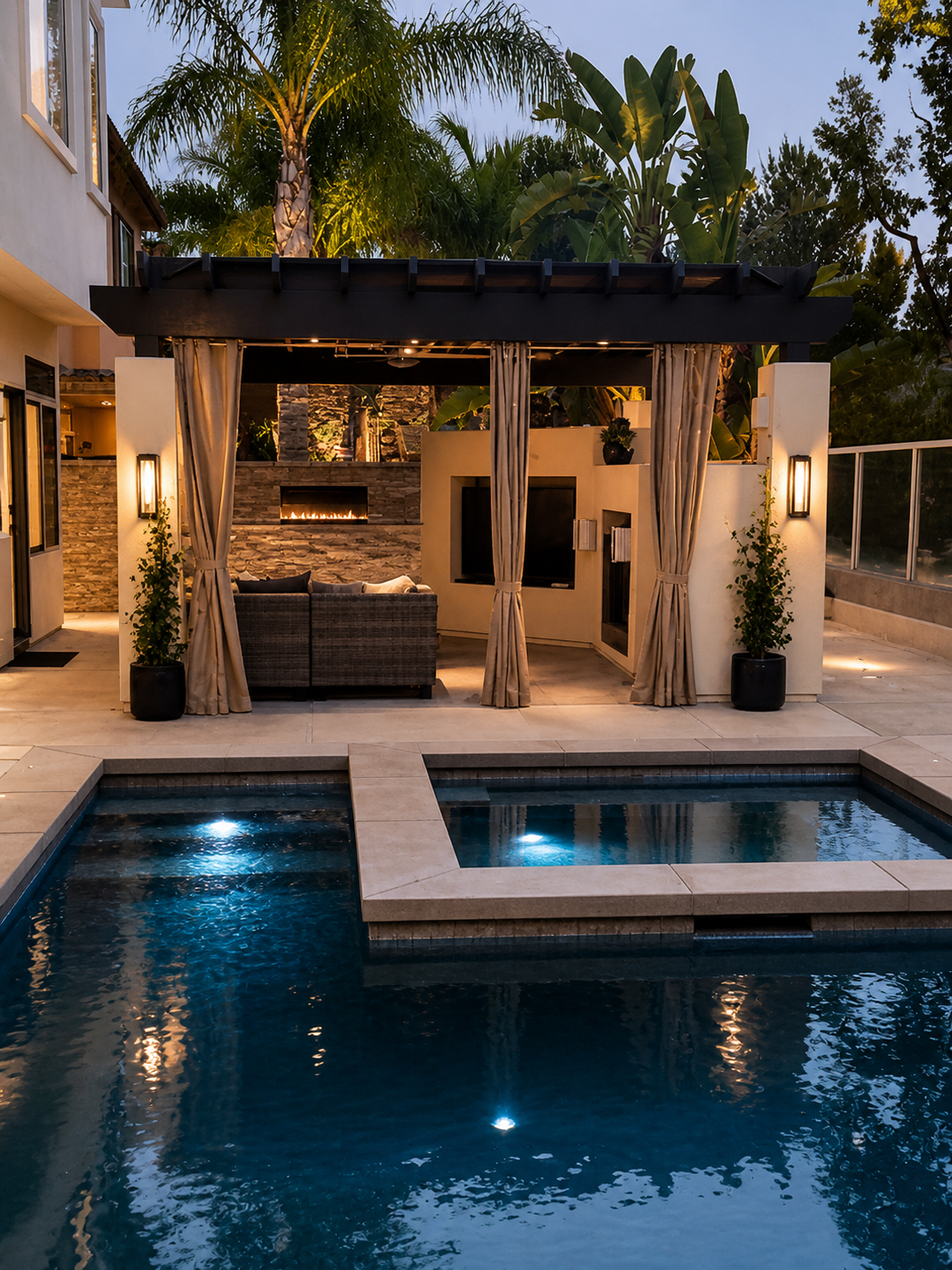 Louvered roof outdoor dining pavilion with pool and fire lounge — South Orange County outdoor living builder Tuscany Builders, Rancho Santa Margarita