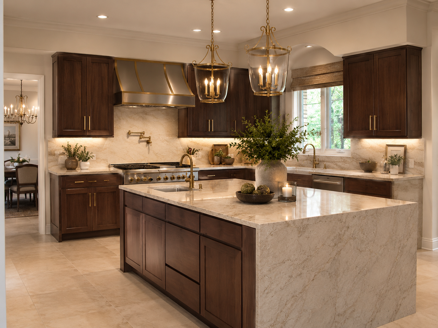 Large-format natural quartzite waterfall island and full-height backsplash — San Clemente whole home remodel by Tuscany Builders, dark wood cabinetry with brass lantern pendants
