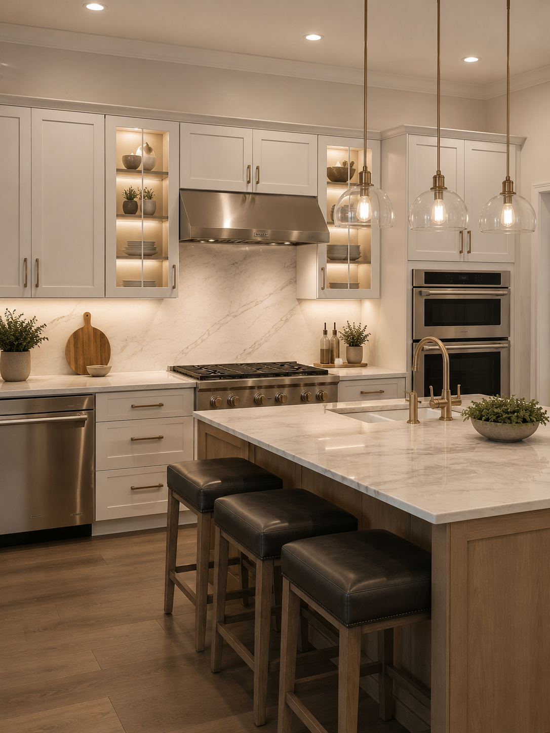 Transitional coastal kitchen design by Laguna Niguel kitchen remodeling contractor Tuscany Builders — white cabinetry, marble backsplash, brass fixtures