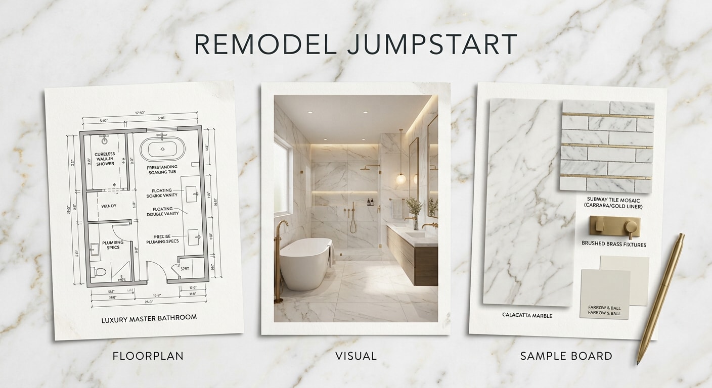 Remodel Jumpstart deliverables — floorplan, 3D visual, and material sample board for a luxury master bathroom