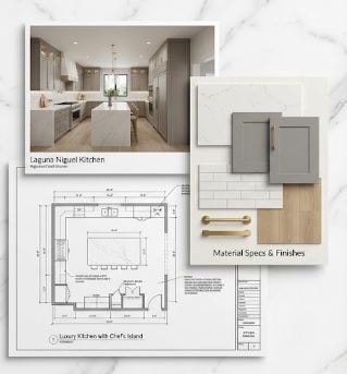 Kitchen Jumpstart deliverables — rendered layout, floor plan, and material finishes for a Laguna Niguel kitchen remodel